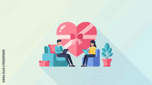 Two people sit on couches using laptops in front of a large heart-shaped candy box