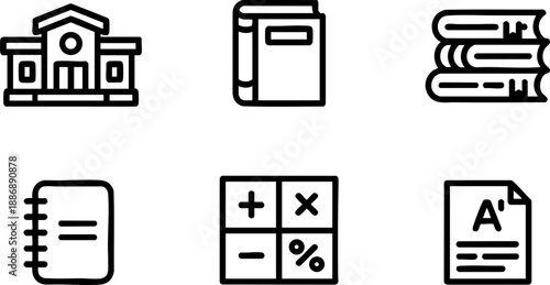 Education Finance Document Line Icons Set Museum Book Calculator Paper Notebook Vector EPS Outline Symbols