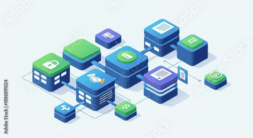 3D illustration of interconnected server blocks with various icons.