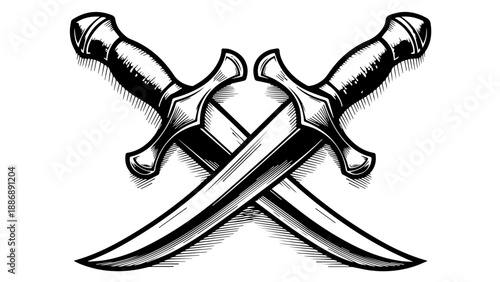 Two crossed swords with ornate hilts and slightly curved blades in a high-contrast black-and-white illustration