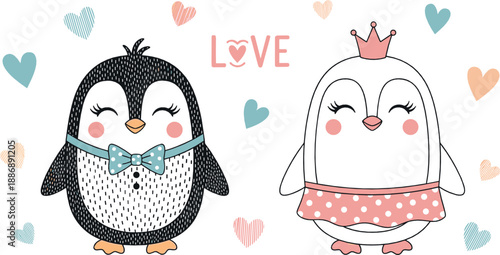 Cute penguin couple in love with hearts, bowtie, crown, and pastel romantic elements in kawaii style for Valentine’s Day vector designs