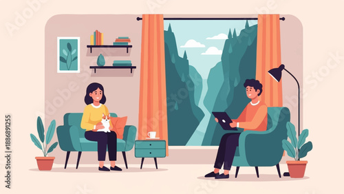 Two people relaxing indoors with a scenic view of mountains and a waterfall