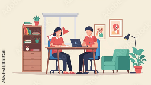 Two people work at a desk in a home office with a bookshelf