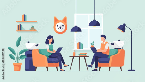 Two people on laptops in a calm, modern room with plants and lamps