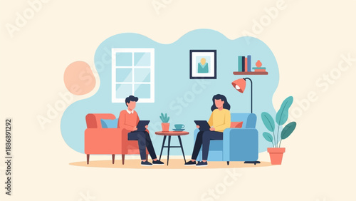 Two people sitting on sofas, each using a tablet in a room