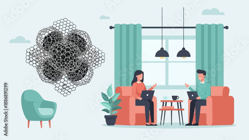 Two people on laptops in a living room with abstract art and a chair