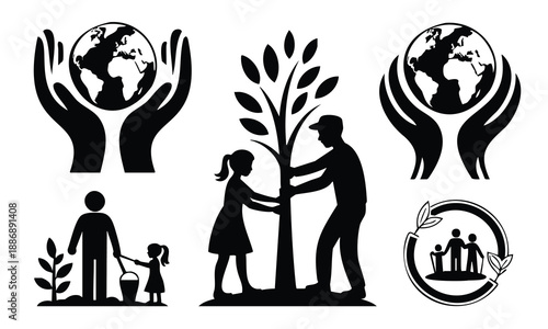 Bundle earth day silhouette people planting trees and caring world