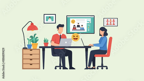 Two people work at computers in a modern office setting with plants