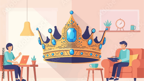 Two people work at home under a large, jewel-encrusted crown icon