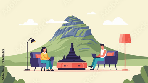 Two people on laptops in cozy chairs with a mountain and temple in background