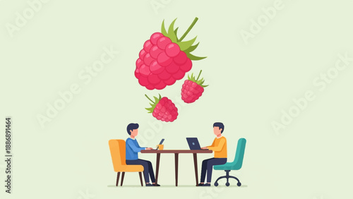 Two people work at desks with raspberries falling from above