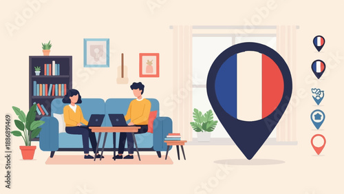 Two people work on laptops in a cozy living room with French flag map marker