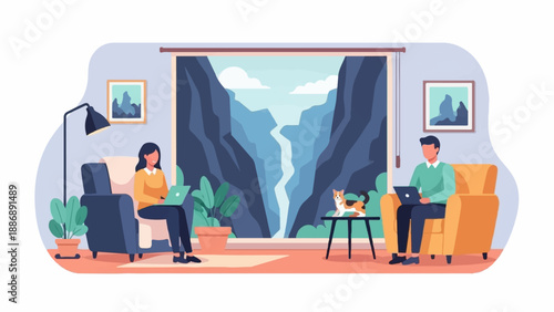 Two people work on laptops in a cozy living room with a view of a canyon waterfall
