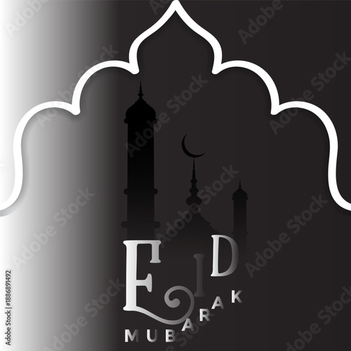 Eid Mubarak calligraphy greetings. Eid al-Fitr or Al-Adha greetings with colorful border. Translation: "Celebration day of Muslims after fasting month."