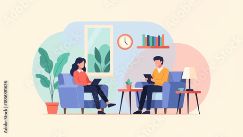 Two people relaxing indoors, engaged with devices