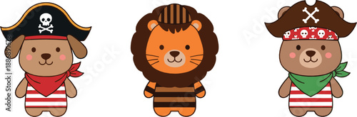 Cute pirate bear characters set with lion costume and nautical outfits in kawaii cartoon style for kids, stickers, and vector illustrations