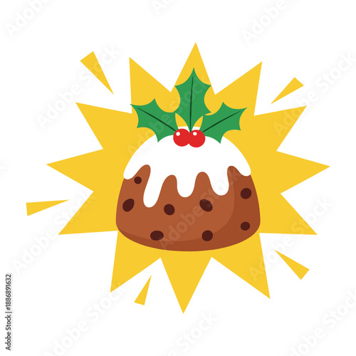 Delicious christmas pudding with icing and holly