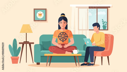 Two people relaxing indoors one meditating, the other on a laptop