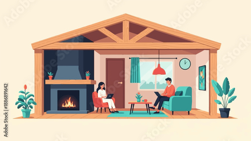 Two people work on laptops in a cozy living room with a fireplace