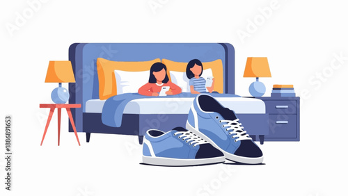 Two people in bed on phones, with blue sneakers in foreground