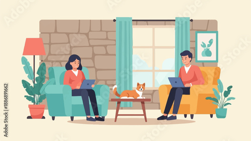 Two people on sofas with laptops, a cat on a table