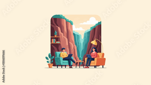 Two people work on laptops in a cozy home setup amidst a canyon