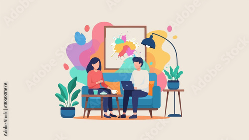 Two people work on laptops in a colorful, abstract living room with plants