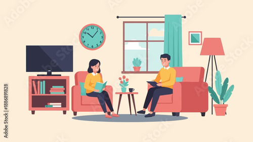 Two people relaxing in a living room, reading and using a tablet