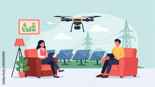 Two people in armchairs monitor drone and solar panels with power lines
