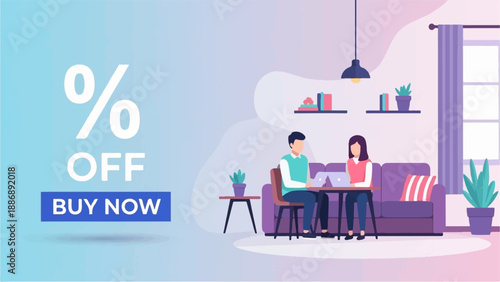 Two people work on laptops at home on a couch with a "buy now" discount offer