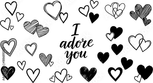 Transparent PNG available Crayon drawn linear and silhouette hearts collection. Romantic phrase I adore you. Modern pencil calligraphy and cute childish hearts. Vector design elements for cards, notes