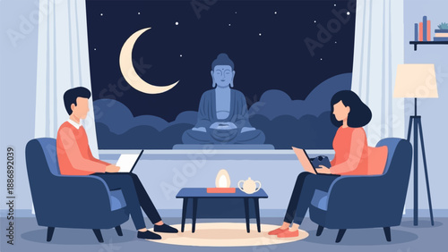 Two people work on laptops at home at night with a large Buddha statue visible through the window
