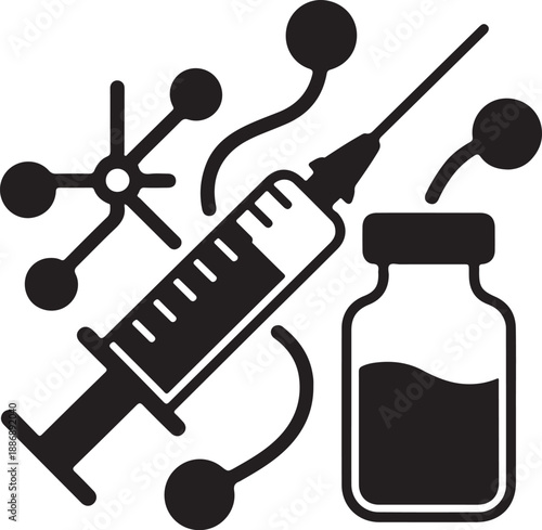 Covid vaccine syringe and virus cells illustration medical science healthcare prevention