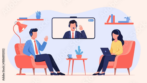 Two people in a video conference, one with a laptop, one on a couch