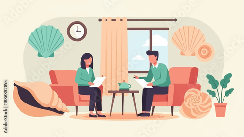 Two people in a room with seashells and plants having a discussion