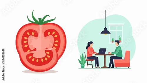 Two people work on laptops at a table, with a tomato slice