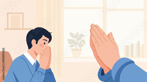 Two people in a soft-lit room, hands clasped in prayer, looking inward