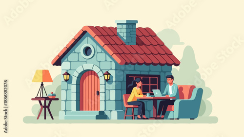 Two people work on laptops at a table outside a quaint stone house