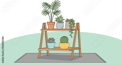 A man and woman sit on wooden chairs near an empty table and art easel in a home interior featuring garden furniture and a stepladder