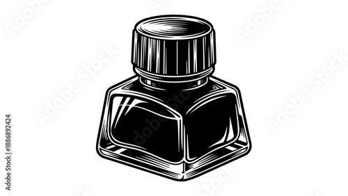 Classic ink bottle illustration with hexagonal base and textured lid on dark background