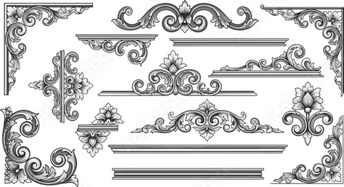 Set of decorative elements and ornate vintage frames featuring floral vector ornaments and calligraphic scroll patterns for an elegant Victorian style design illustration