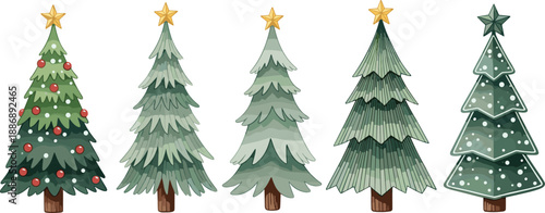 Vector illustration of a green pine and fir  tree set for a winter forest holiday celebration with snow and nature decoration