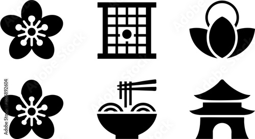 Japanese Culture Icons Set Flower Calendar Ramen Temple Lotus Vector EPS Isolated Black Symbols