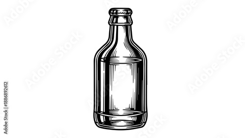 Black and white illustration of a single empty glass bottle with a narrow neck and wider cylindrical body