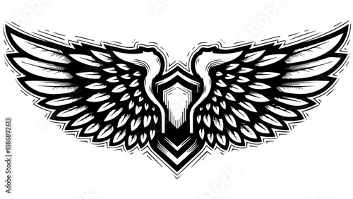 Black and white illustration of a pair of symmetrically spread wings with detailed feather texture