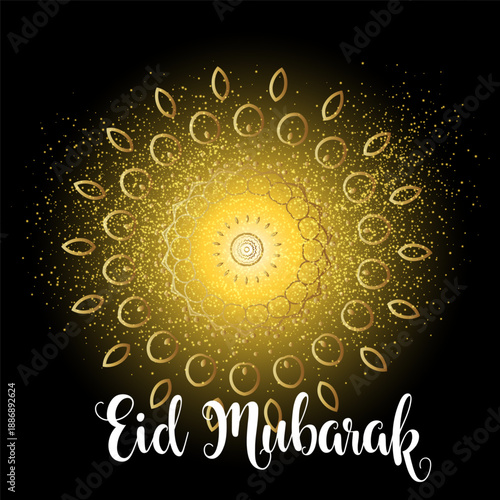 Eid Mubarak calligraphy greetings. Eid al-Fitr or Al-Adha greetings with colorful border. Translation: "Celebration day of Muslims after fasting month."