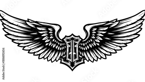 Black and white illustration of symmetrical wings with a central shield emblem