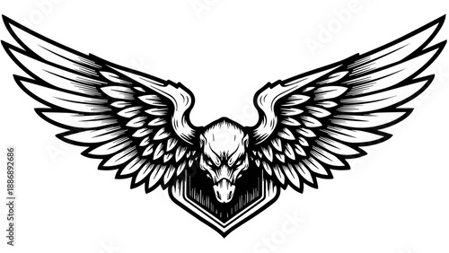 Black and white eagle illustration with shield emblem on minimalist background
