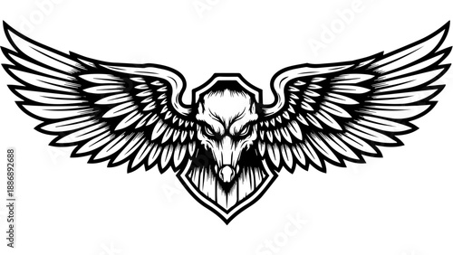 Detailed black and white illustration of an eagle's head with extended wings
