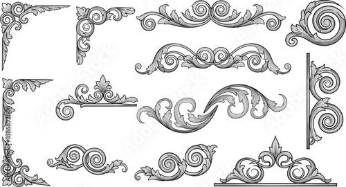 Vintage set of ornate decorative elements featuring floral scroll swirls and calligraphic vector borders for elegant frame design